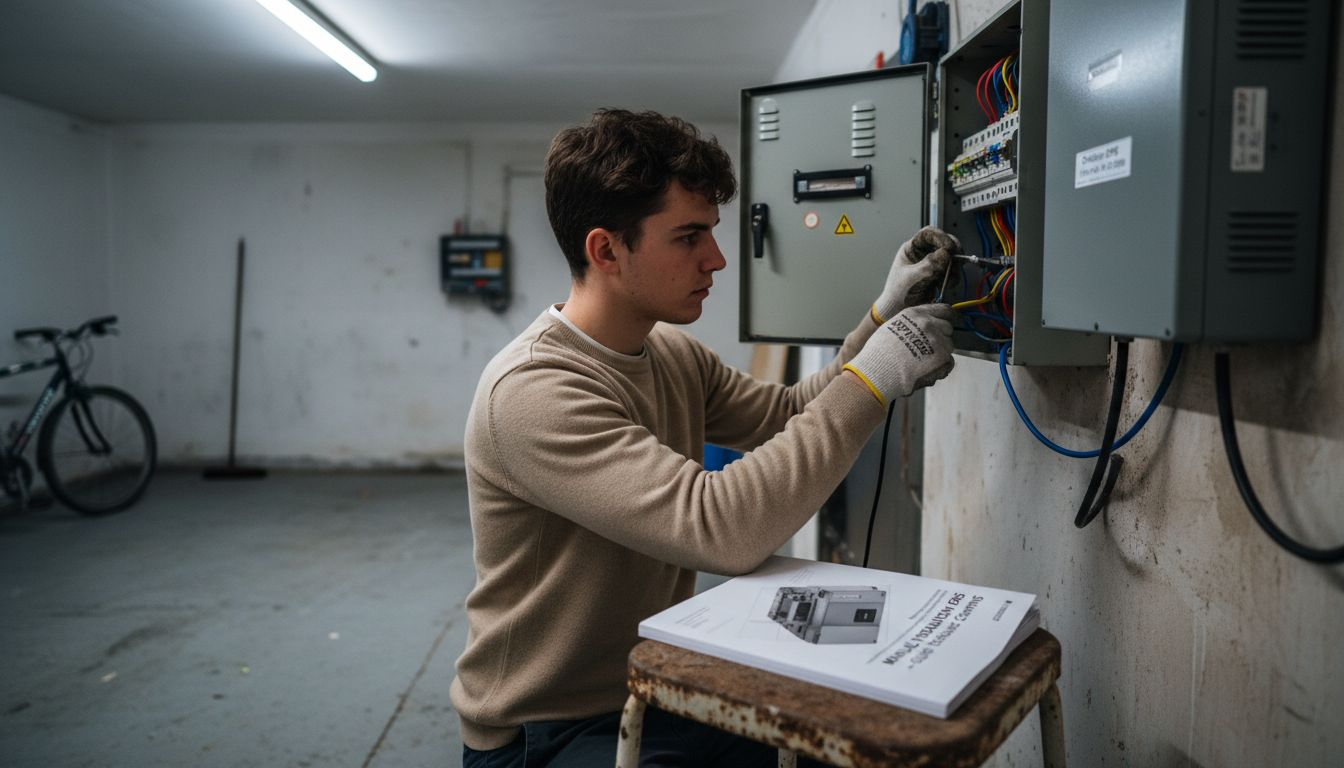 Un technicien procède à l’installation d’un onduleur EMS dans un garage.