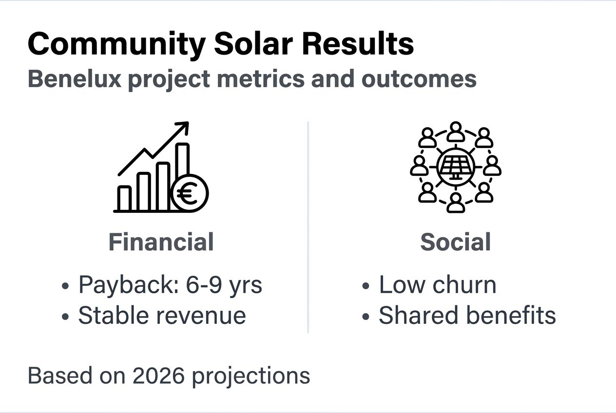 Infographic showing financial and social results for Benelux community solar