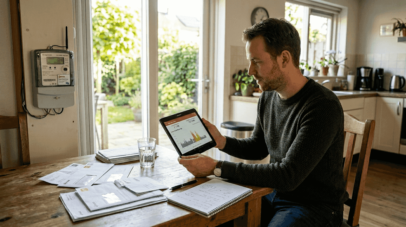 Man bekijkt het energiedashboard in zijn huis