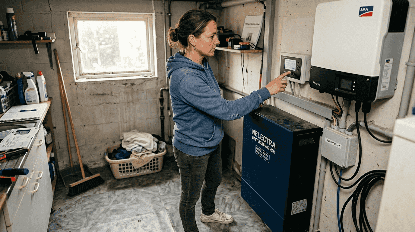 Een vrouw stelt thuis haar zonnebatterijsysteem bij.