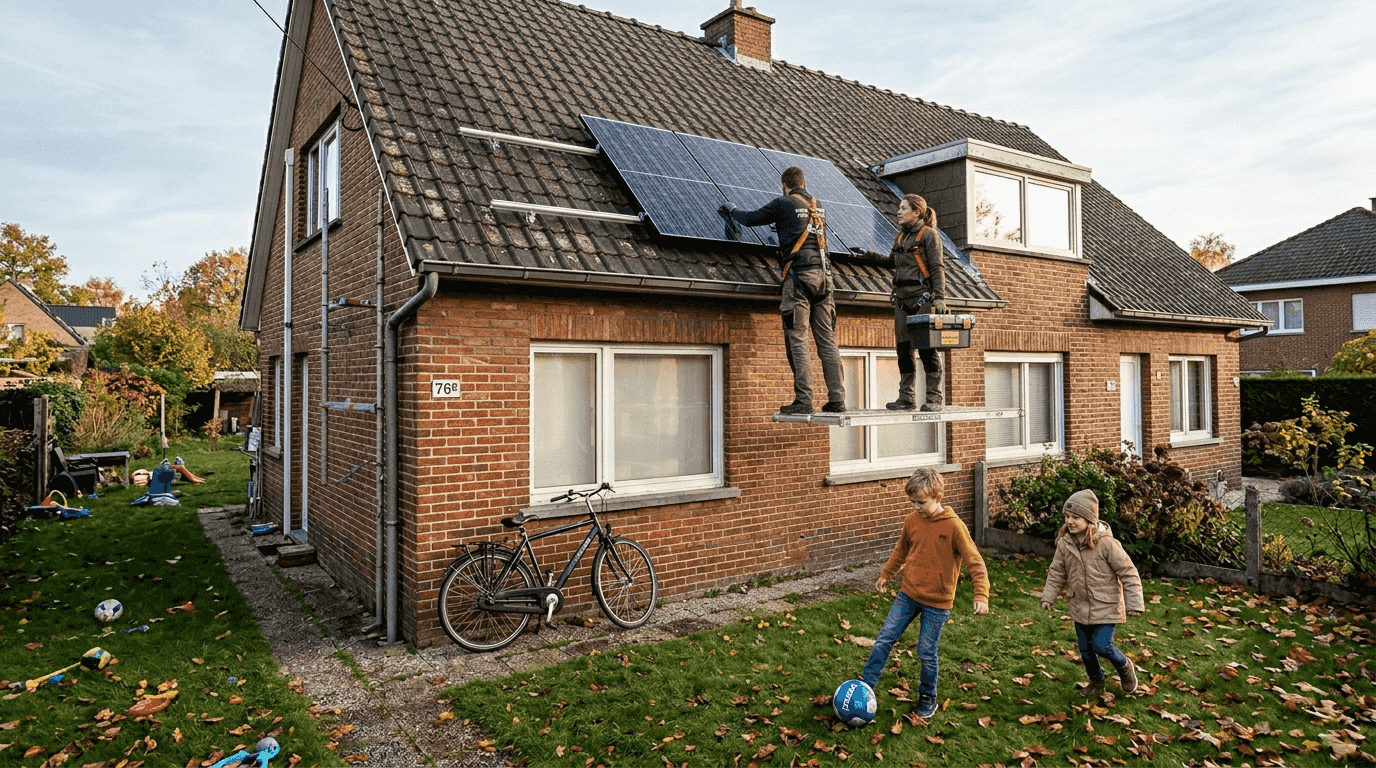 Une famille pose des panneaux solaires sur le toit de sa maison pour produire sa propre énergie.