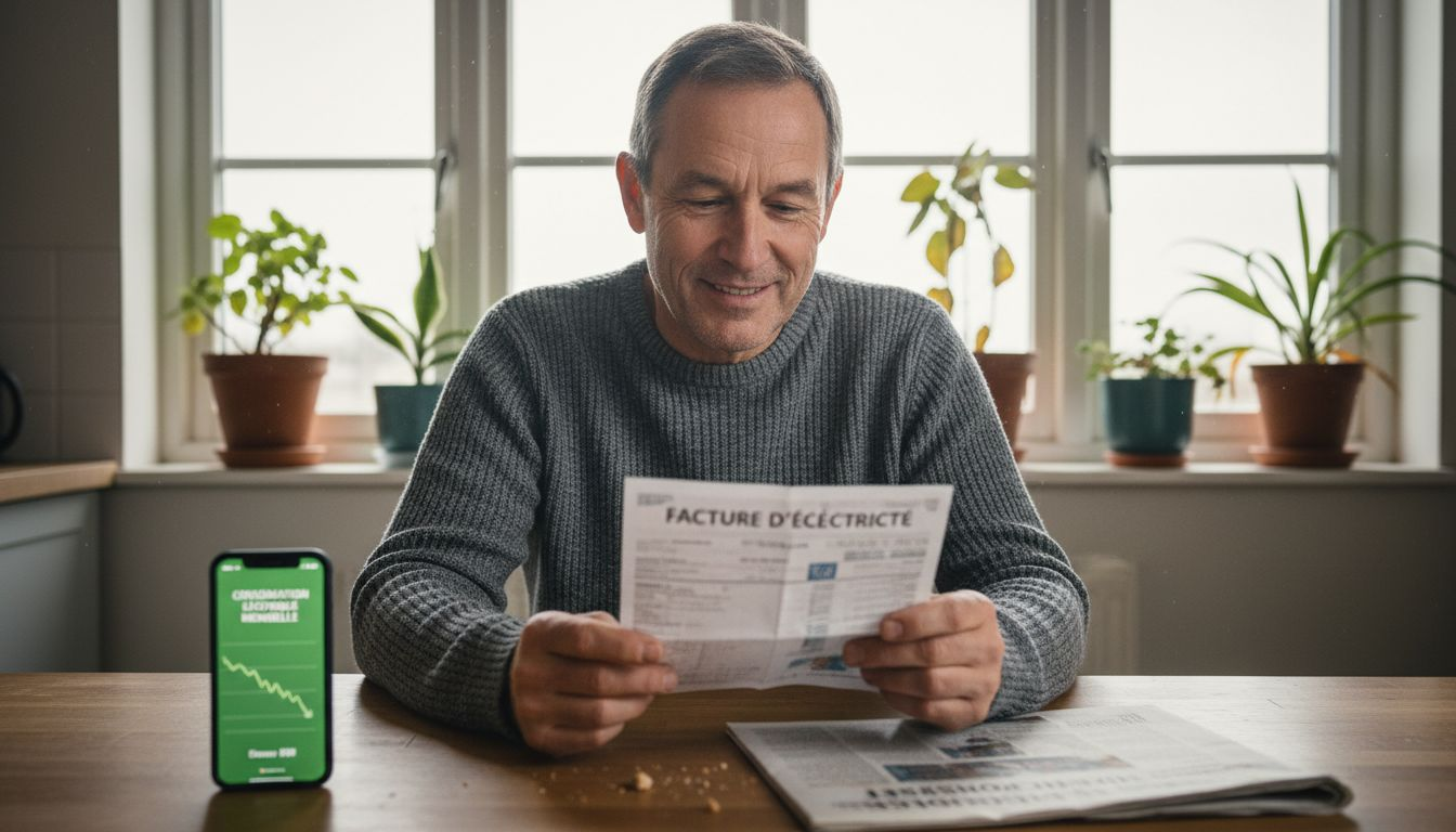 Un homme examine sa facture d’énergie dans la cuisine pour voir comment il pourrait faire des économies.