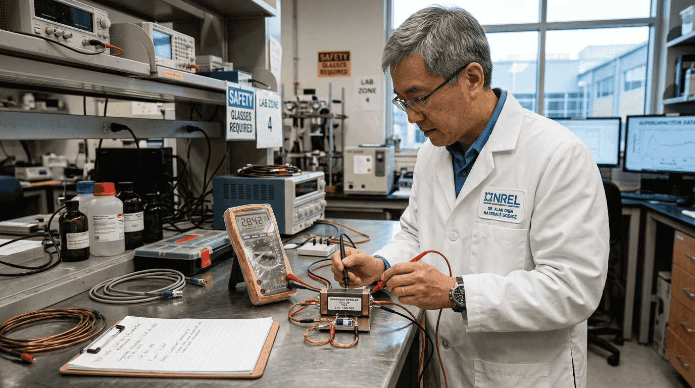 Engineer testing graphene supercapacitor in lab