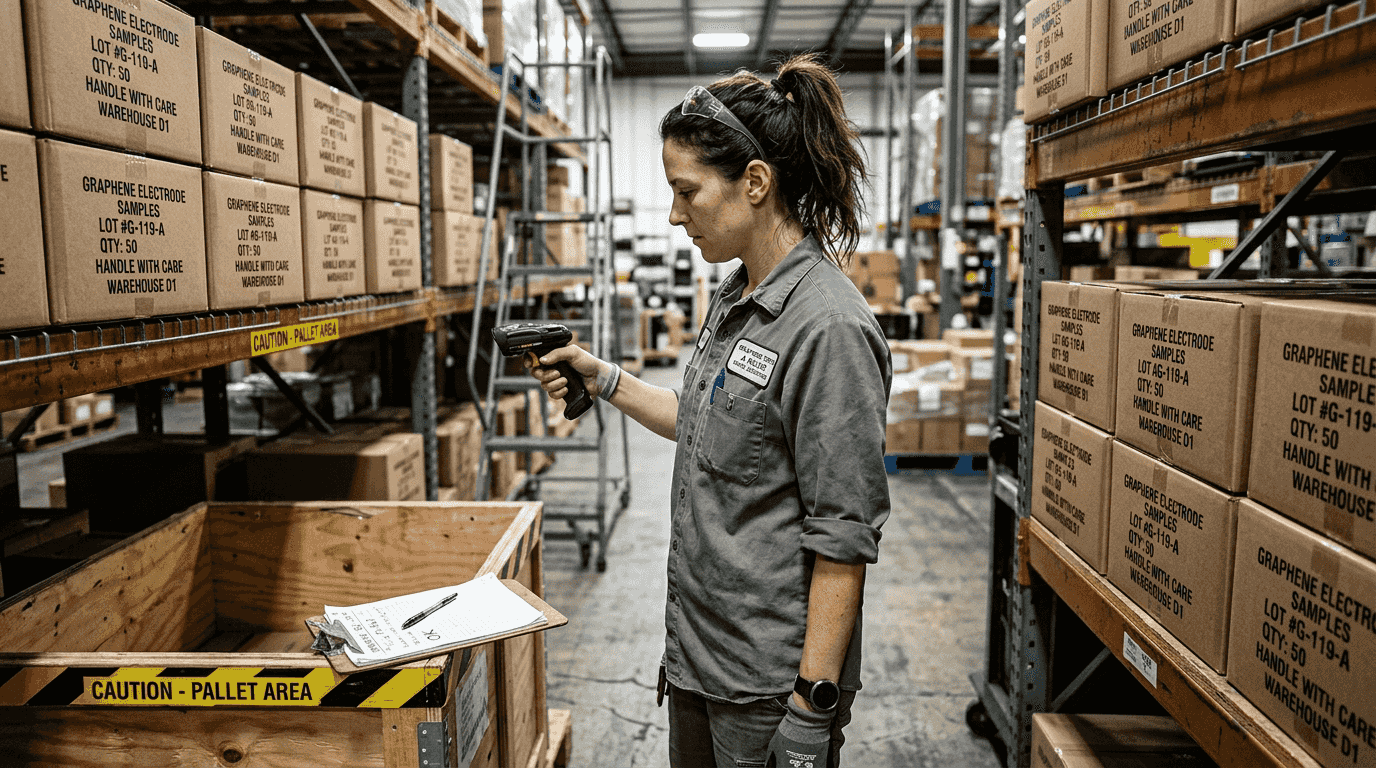 Technician scanning graphene inventory boxes