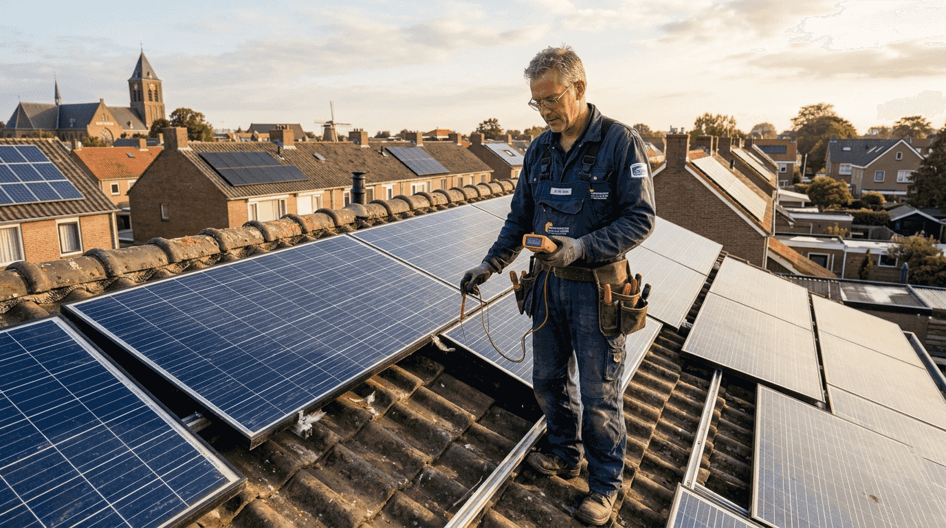 Een man inspecteert de zonnepanelen op het dak van zijn woning.