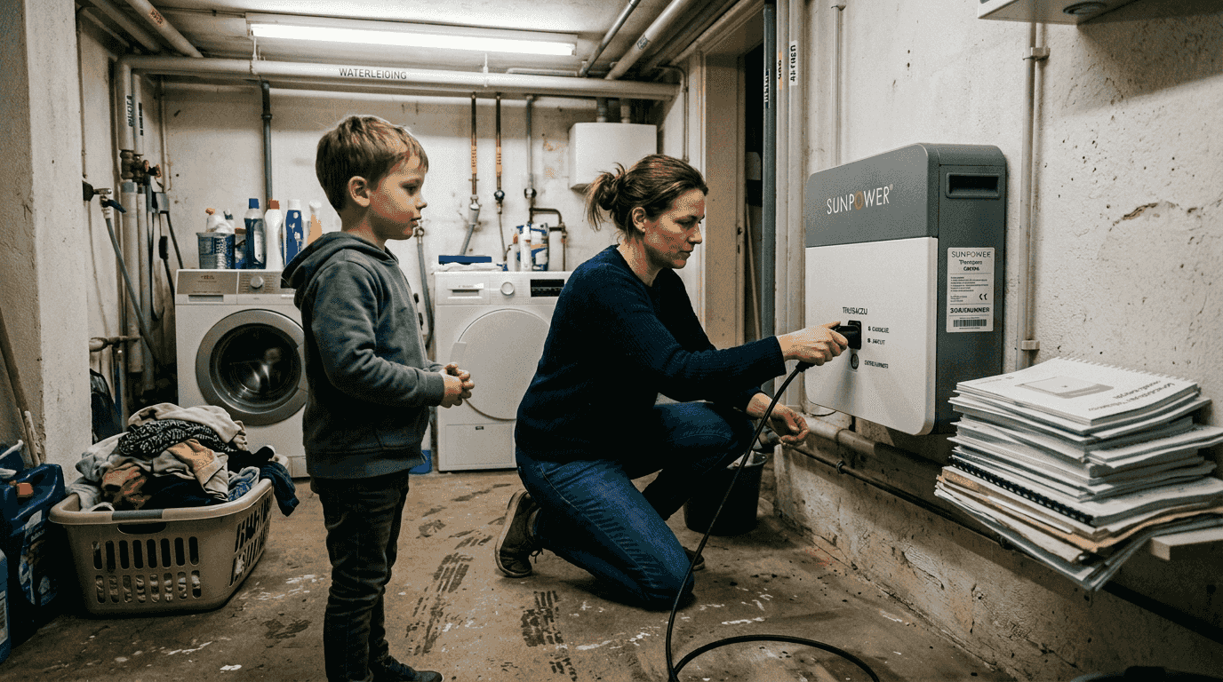 Moeder plaatst thuisbatterij terwijl haar kind toekijkt