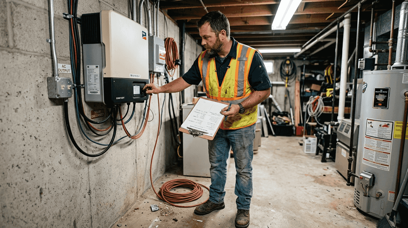 Technician reviews inverter installation utility room