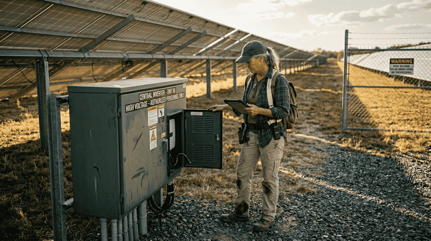 Worker at central inverter on solar farm