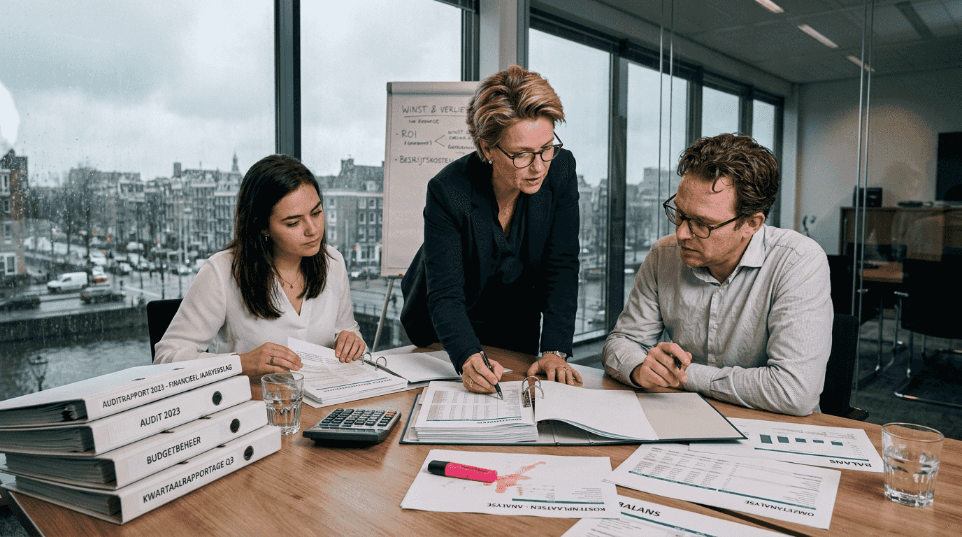 De financieel directeur bespreekt de financiële rapportages tijdens een vergadering.