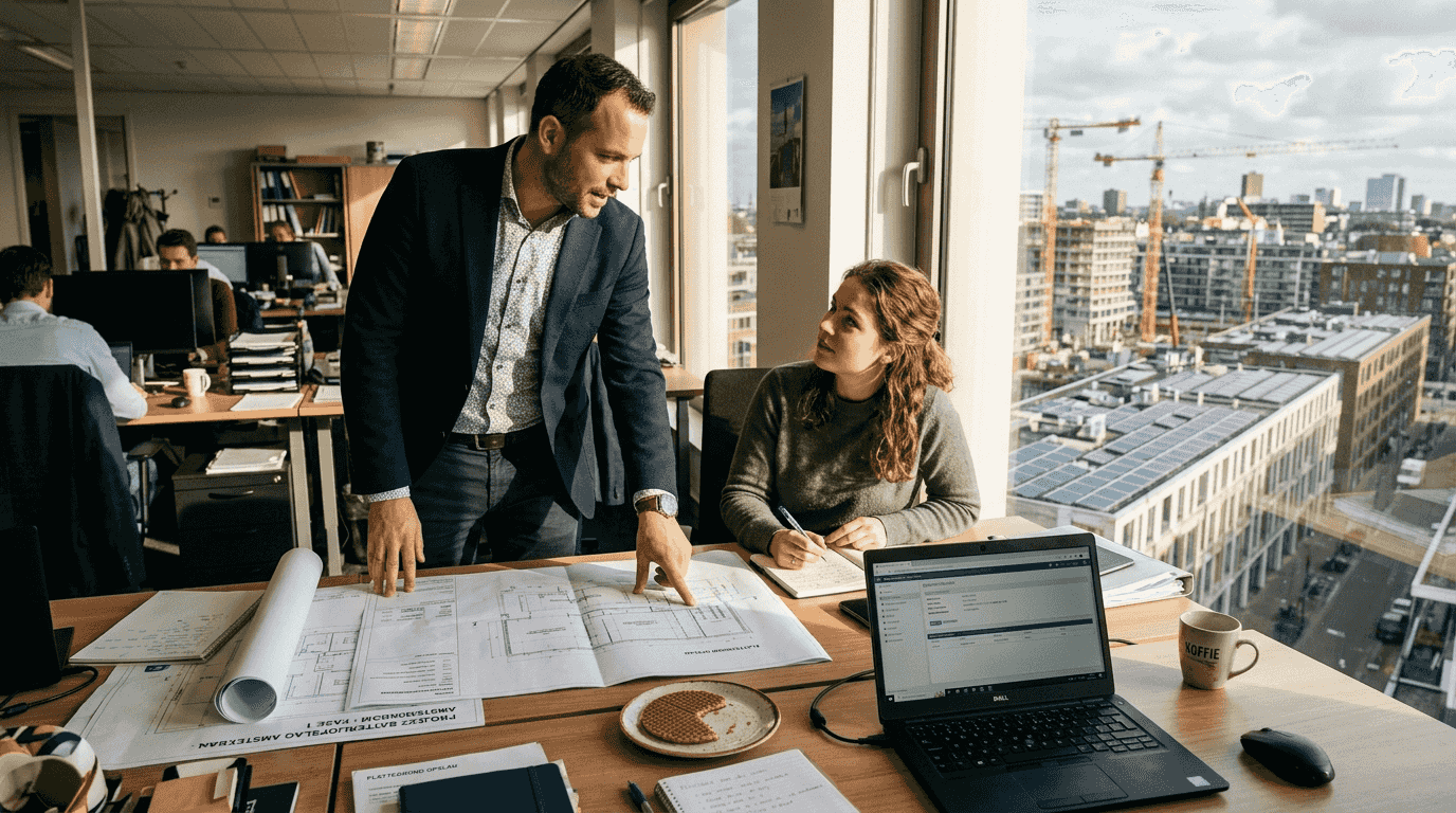 Een projectmanager bekijkt op kantoor de plannen voor energieopslag met batterijen.