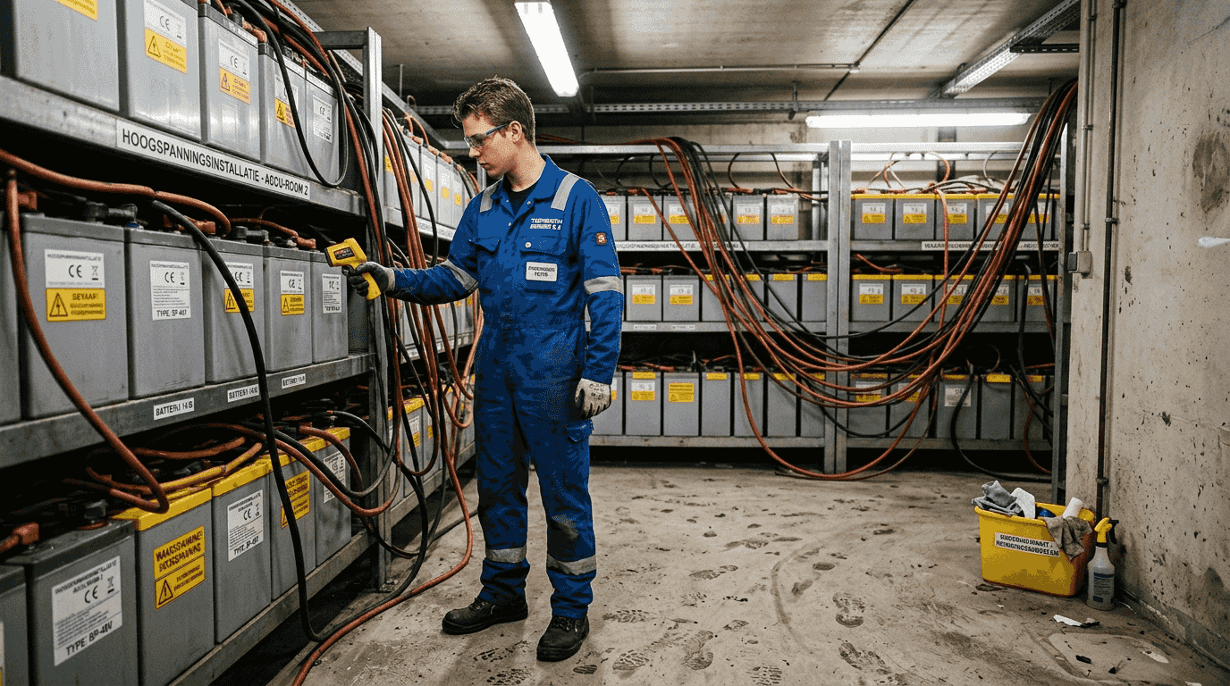 Een mon rescueur controleert de temperatuur van de batterijen in de technische ruimte.
