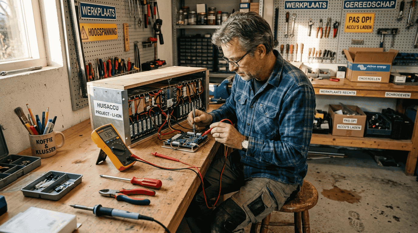 Een man test thuis aan zijn werkbank verschillende batterijen.