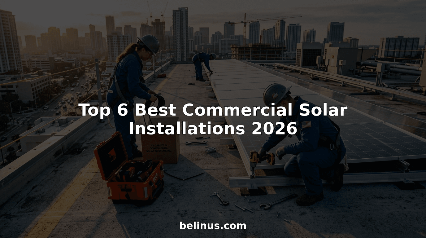 Solar technicians installing rooftop panels city skyline