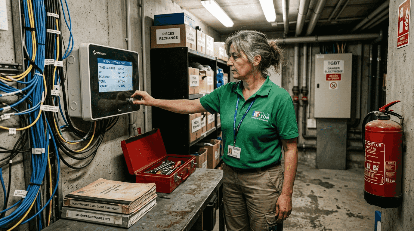 Un responsable vérifie et règle le panneau de gestion énergétique dans la salle technique.
