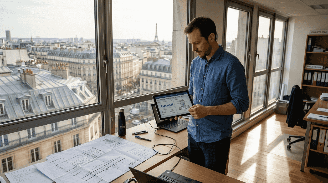 Dans son bureau situé à l’angle, l’ingénieur consulte le tableau de bord énergétique.