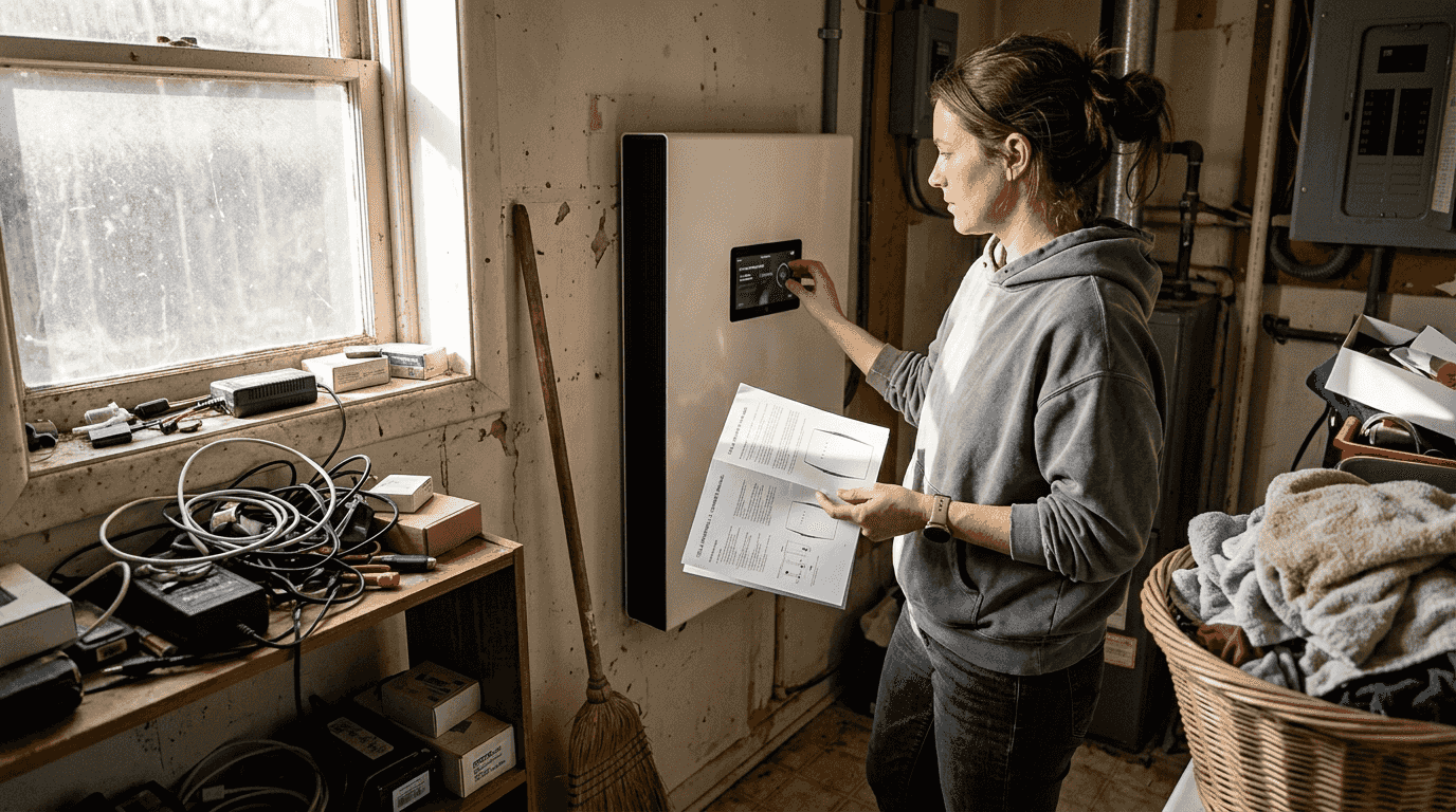 Woman checking home battery storage unit