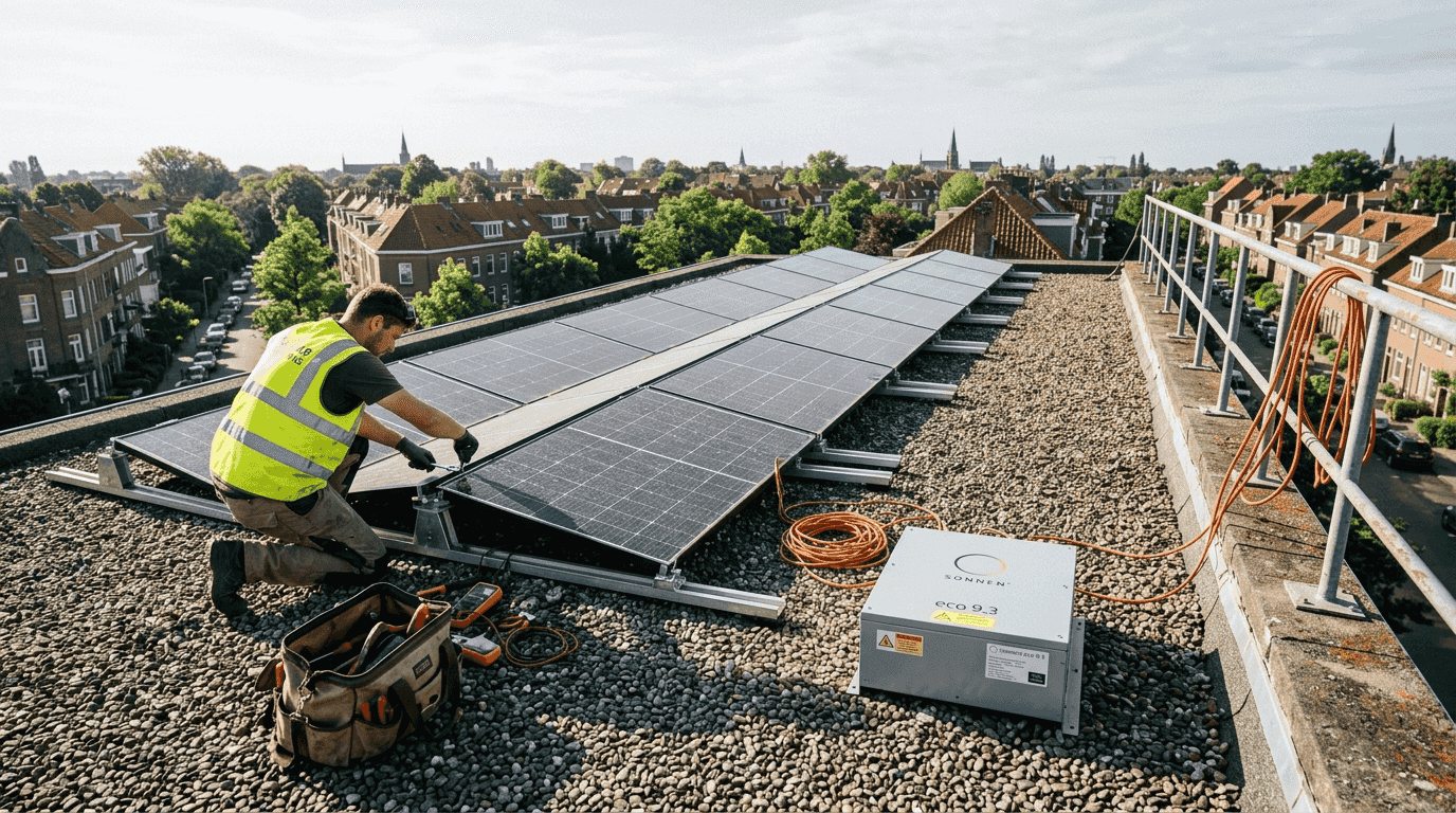 Technician adjusting rooftop solar panels in Europe