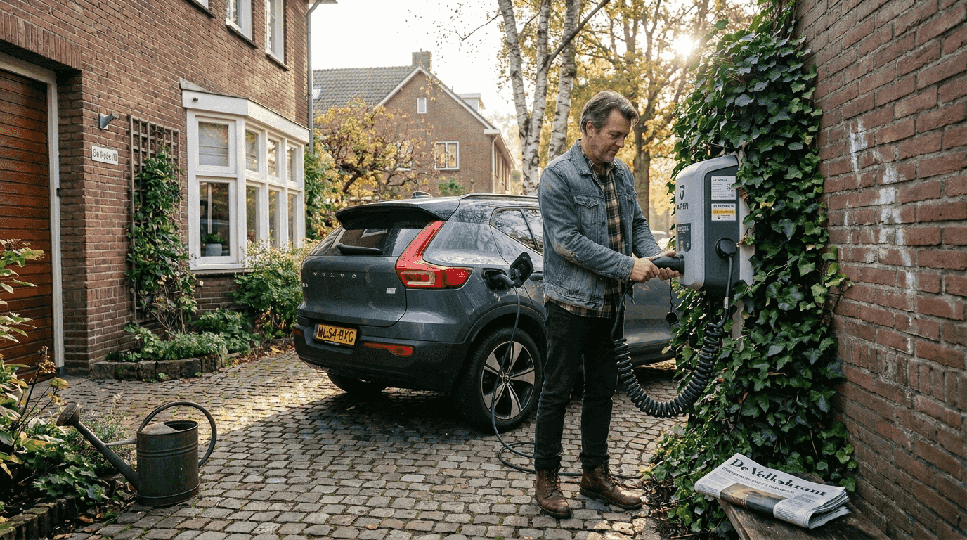 Een man sluit zijn elektrische auto thuis aan op de lader.