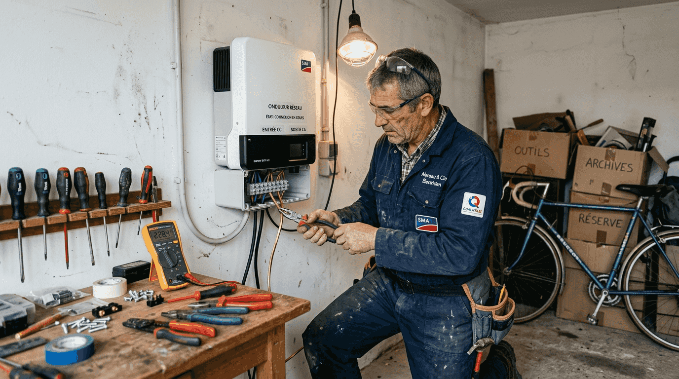 Un électricien procède au branchement des câbles sur un onduleur solaire.