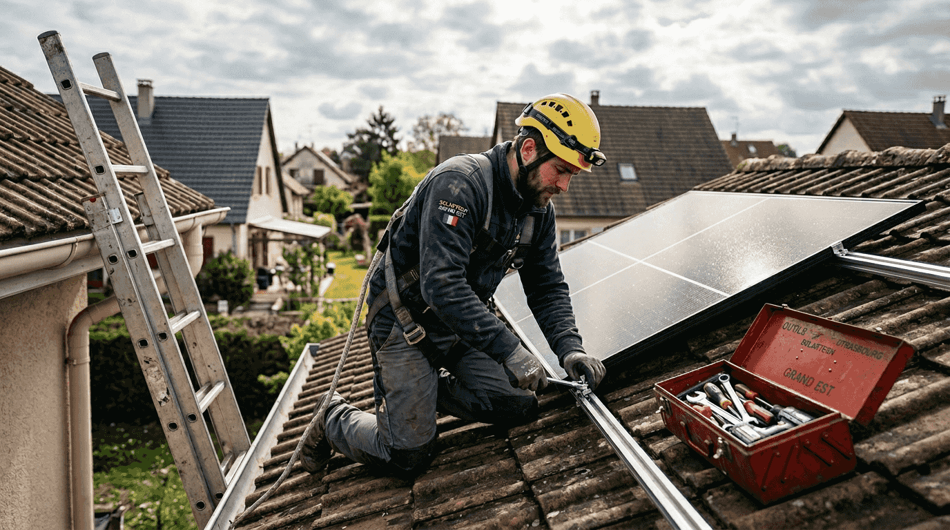 Un technicien installe des panneaux solaires sur le toit d’une maison.