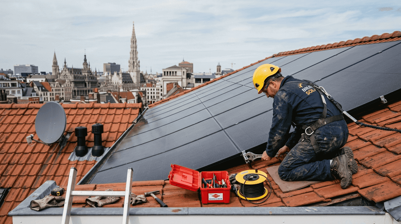 Solar installer fitting panels on Benelux roof
