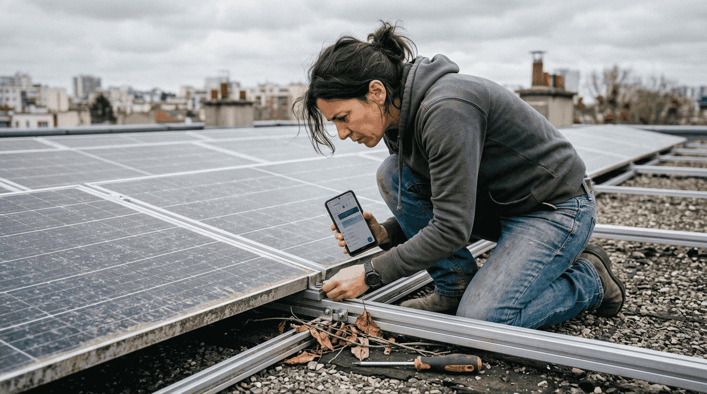 Contrôle en cours de la fixation des panneaux solaires