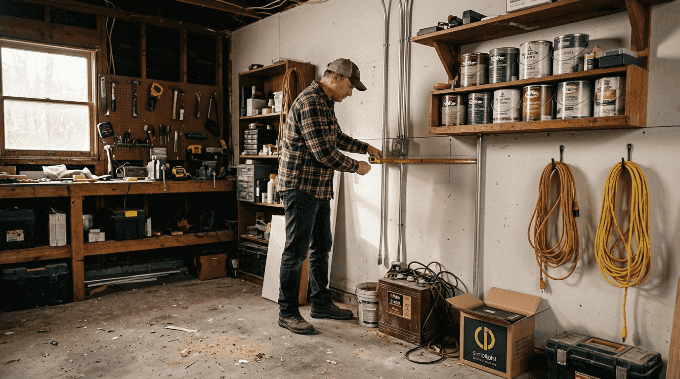 Homeowner measuring wall for battery installation