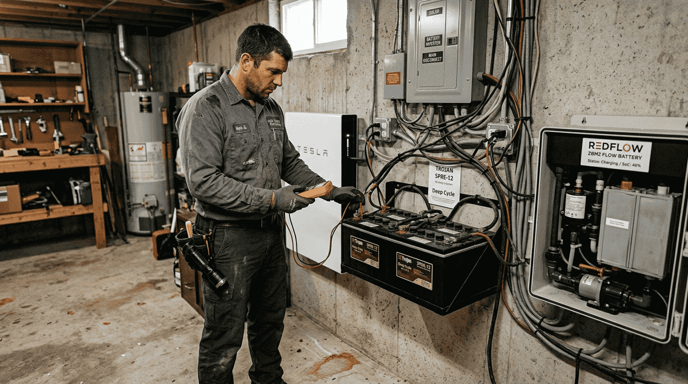 Technician examining lithium-ion, lead-acid, and flow batteries