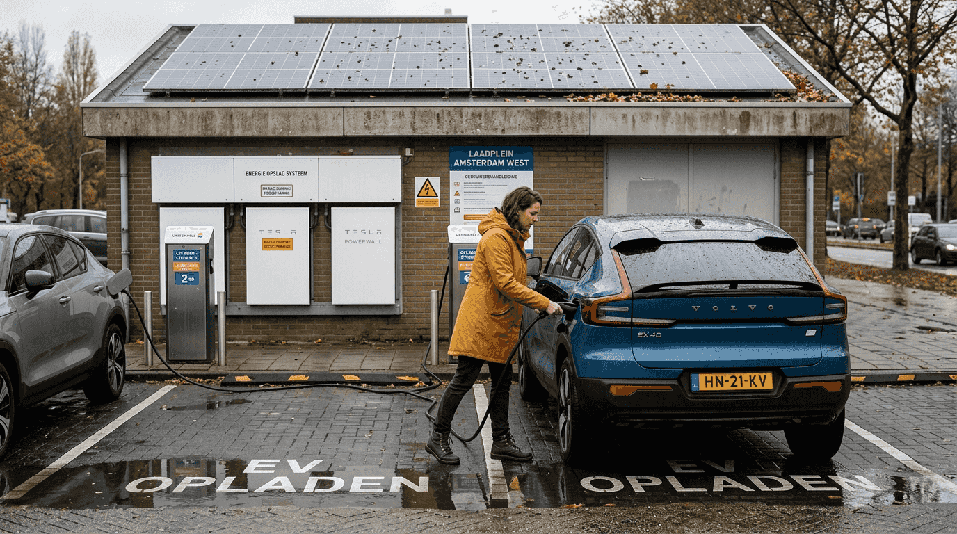 Vrouw laadt haar elektrische auto op bij een laadplein met zonnepanelen