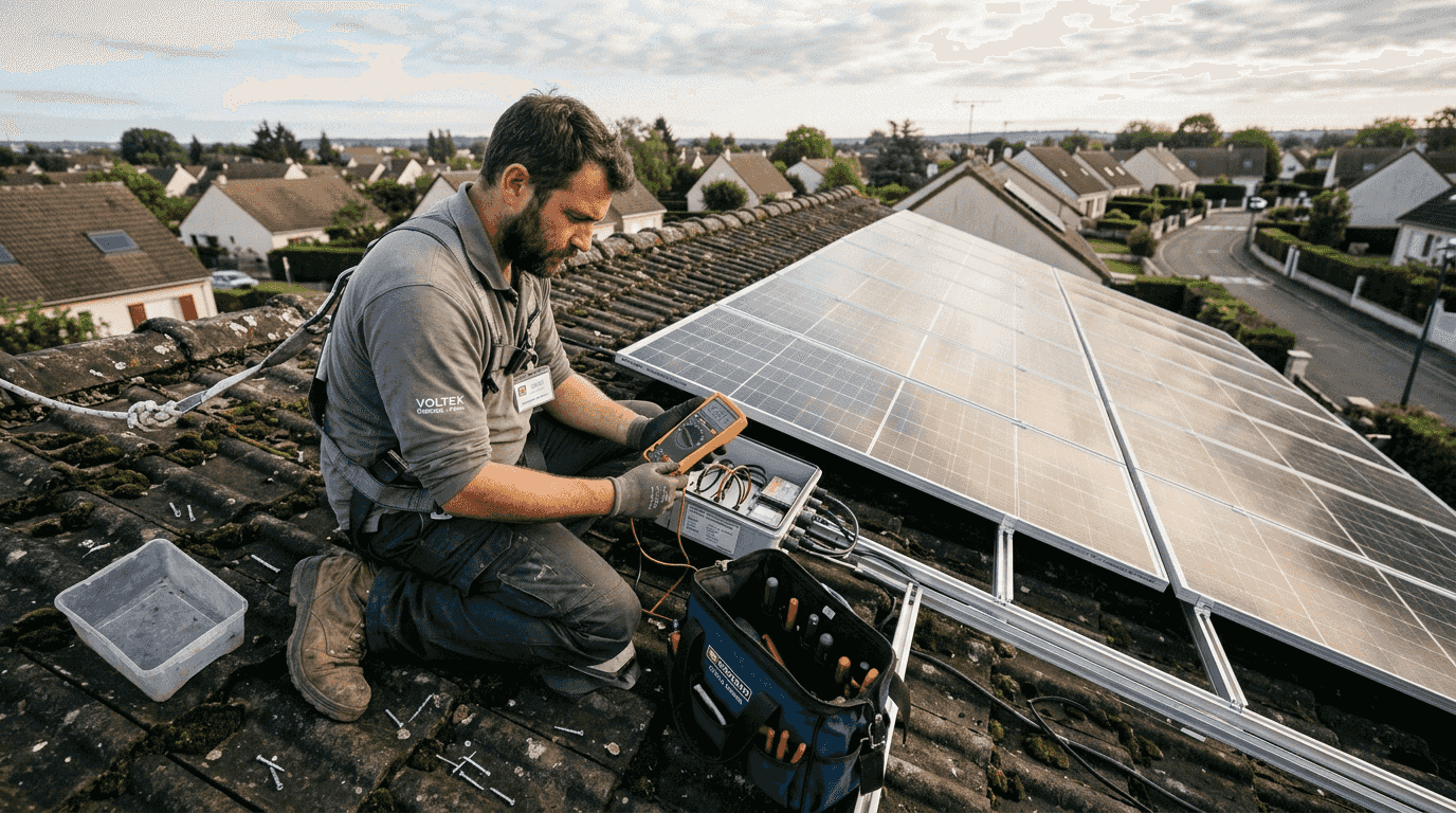 Un technicien effectue une vérification des panneaux solaires installés sur un toit.
