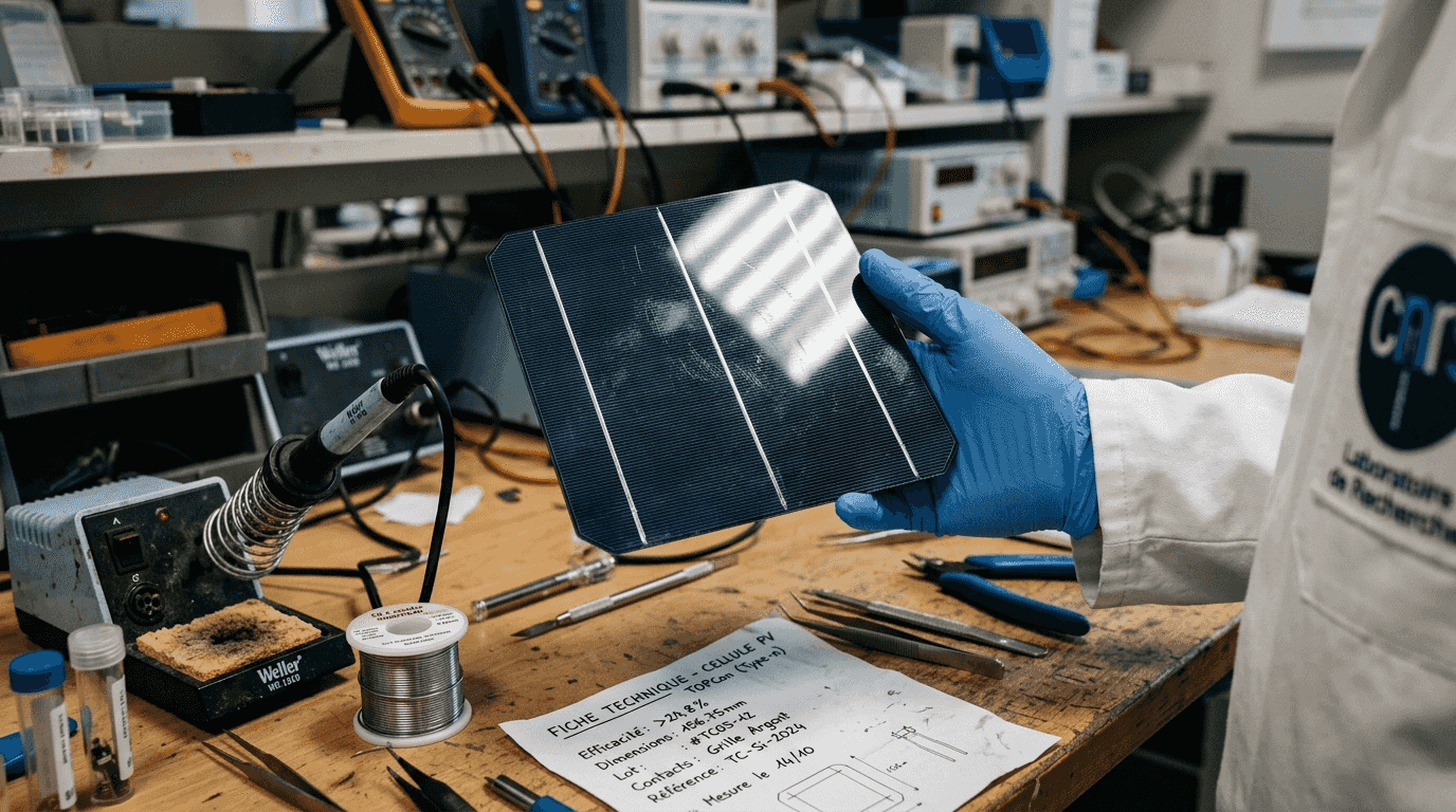 Vue rapprochée d’une cellule solaire TOPCon en laboratoire