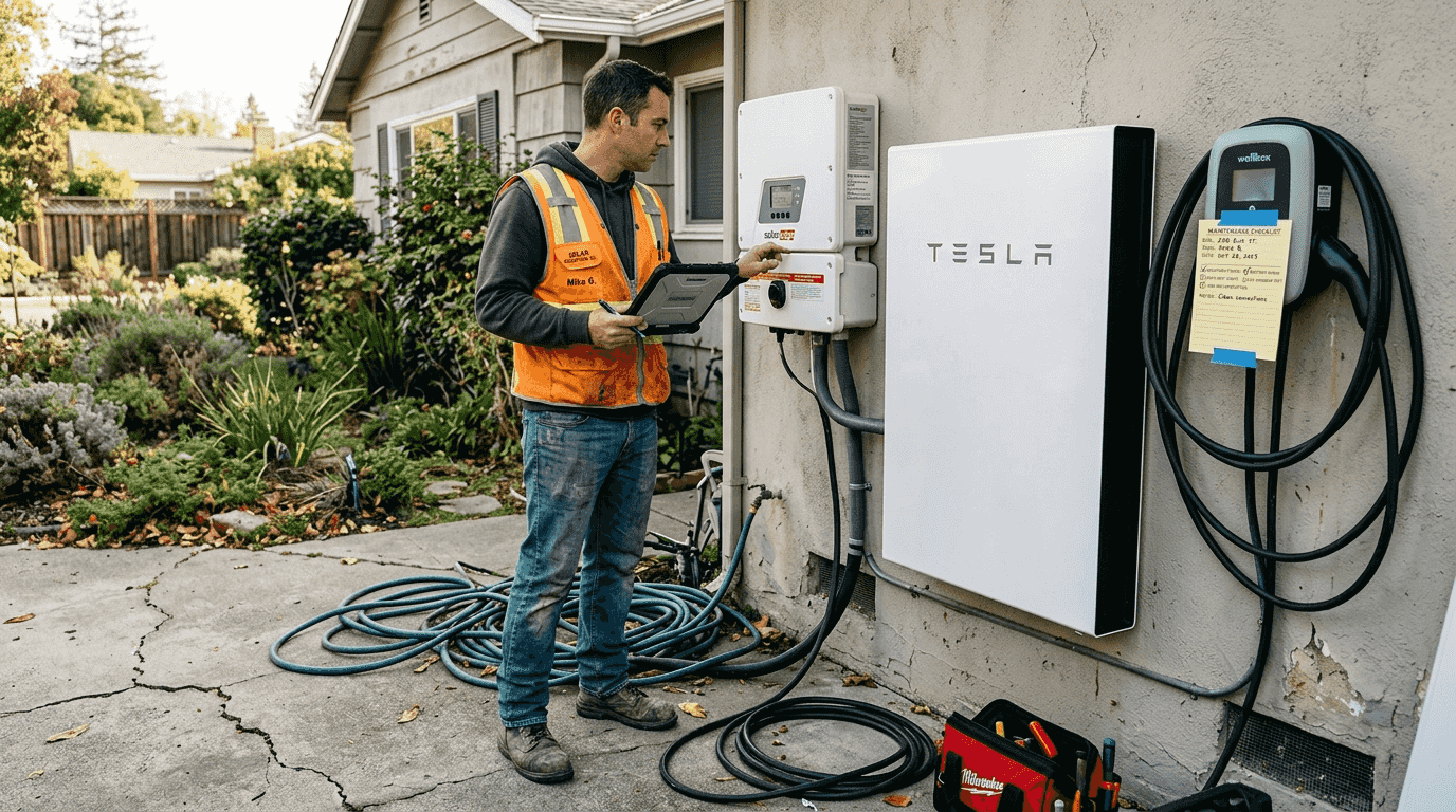 Technician inspecting solar, battery and EV charger setup