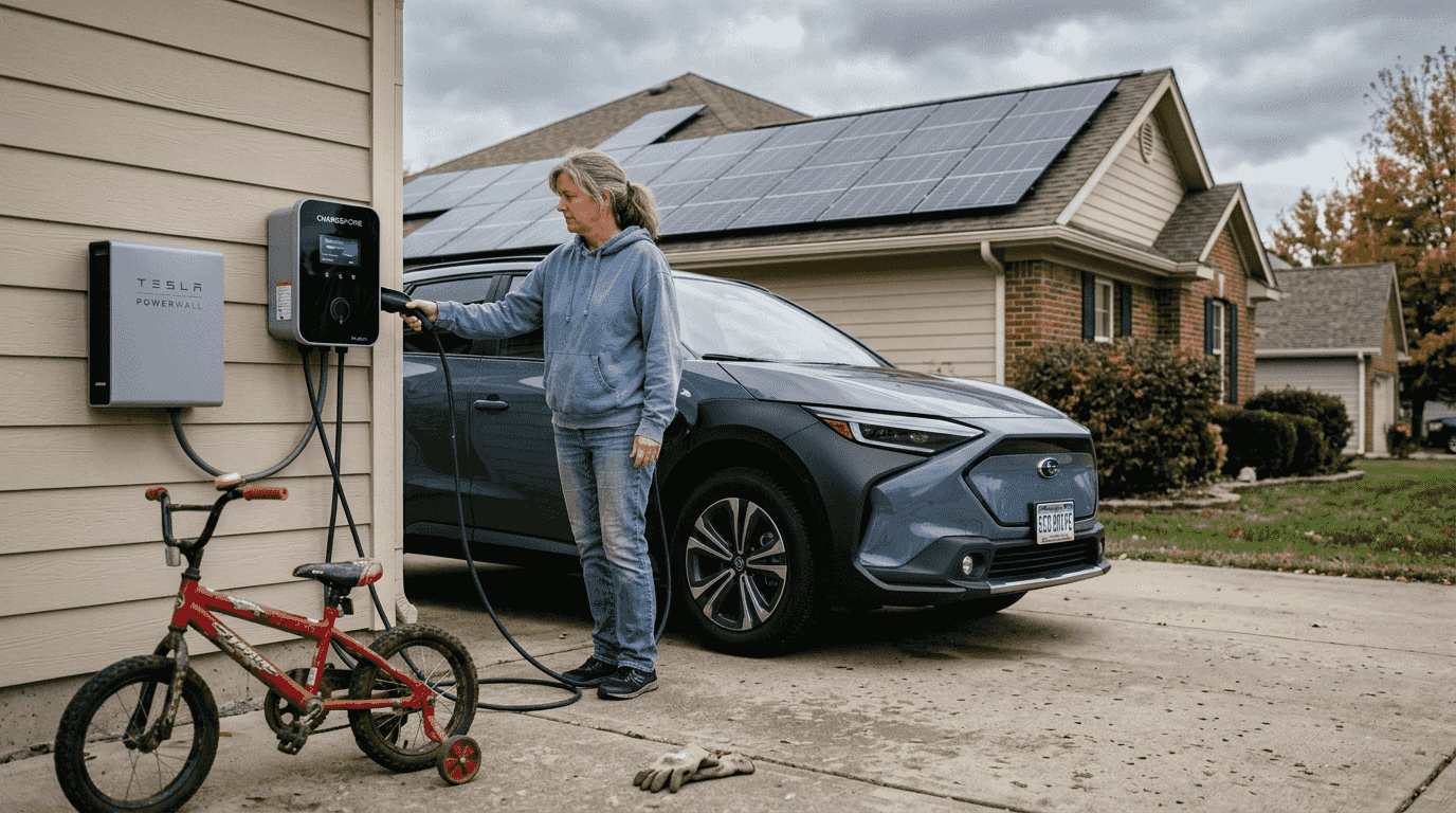 Woman charging EV beside solar home setup