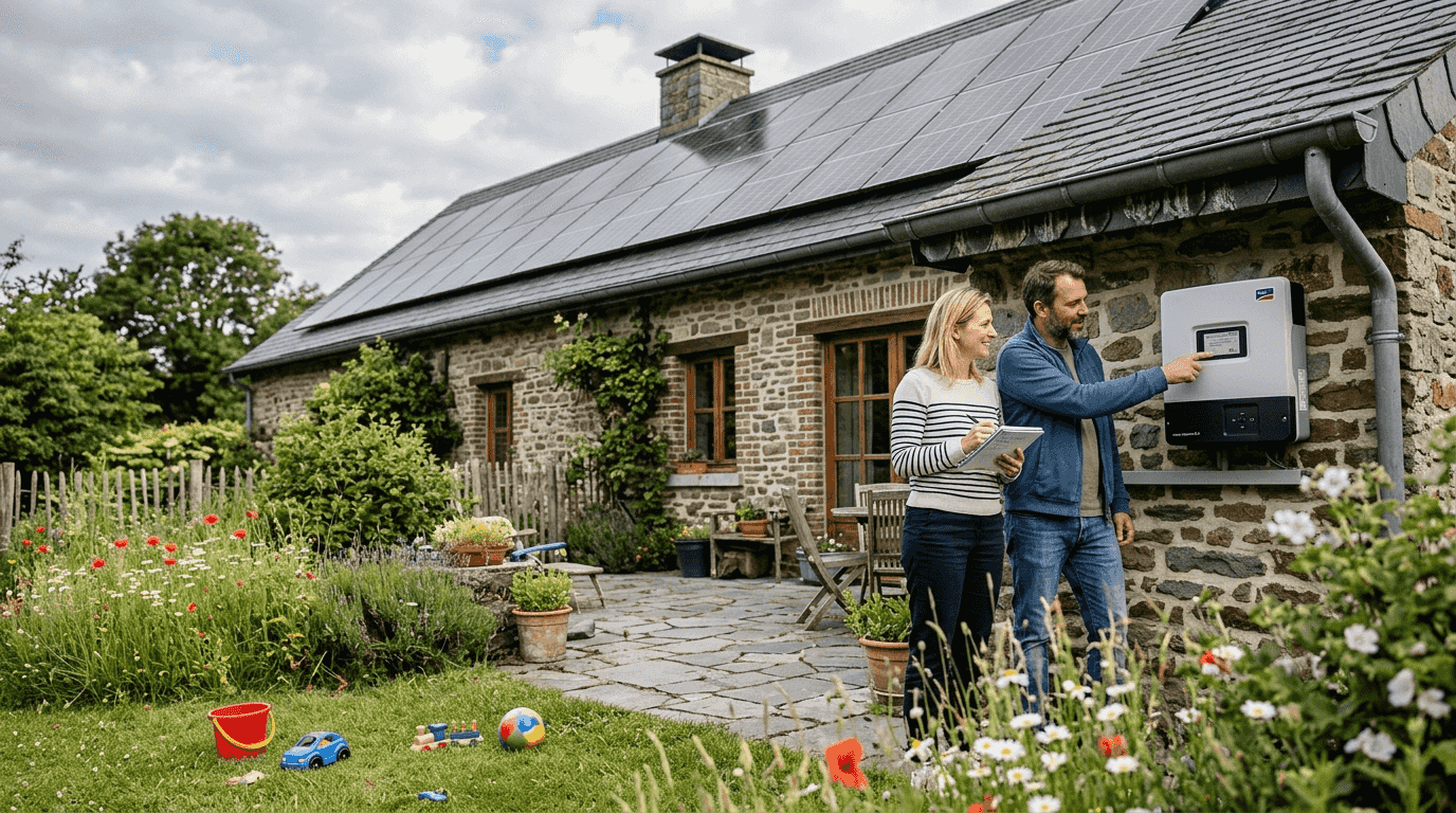 Un couple s’intéresse à l’installation de panneaux solaires sur leur maison familiale.