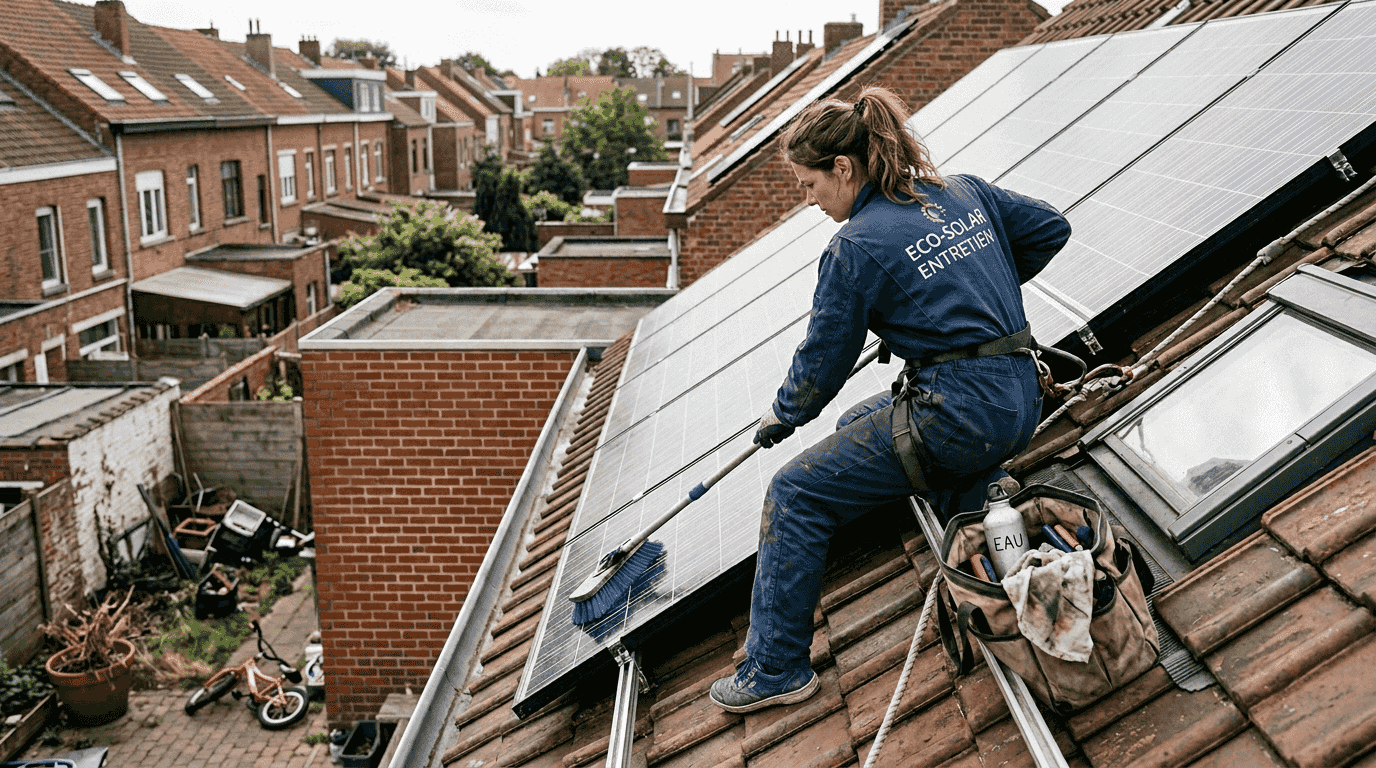 Une technicienne procède à la maintenance des panneaux solaires installés sur le toit d'une maison.