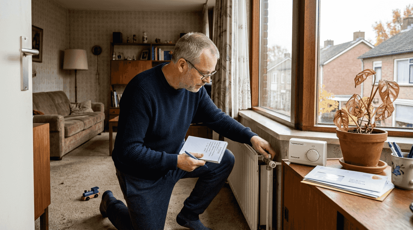 Een woningeigenaar kijkt zijn radiator na in het kader van een energiecheck.