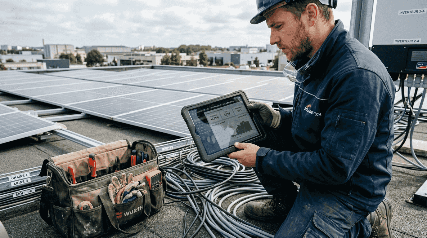 Un technicien contrôle l'état du système solaire sur sa tablette.