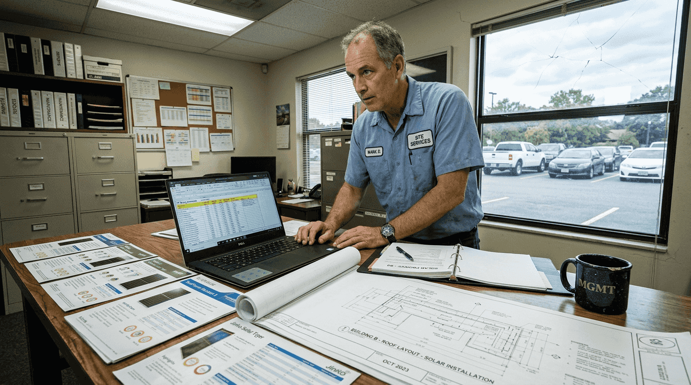 Manager reviews solar PV bulk buying layout