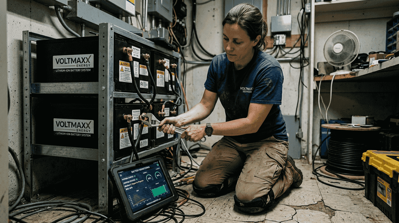 Technician adjusts battery storage unit connections