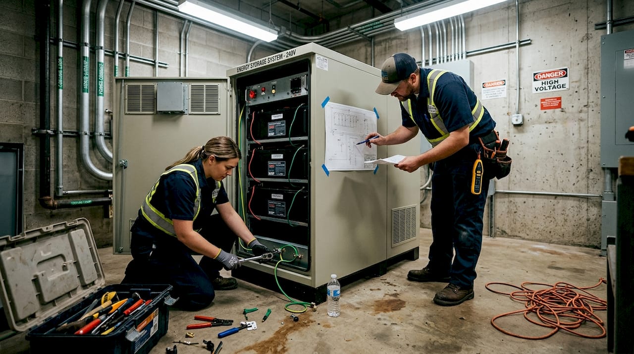 Technicians installing commercial battery system
