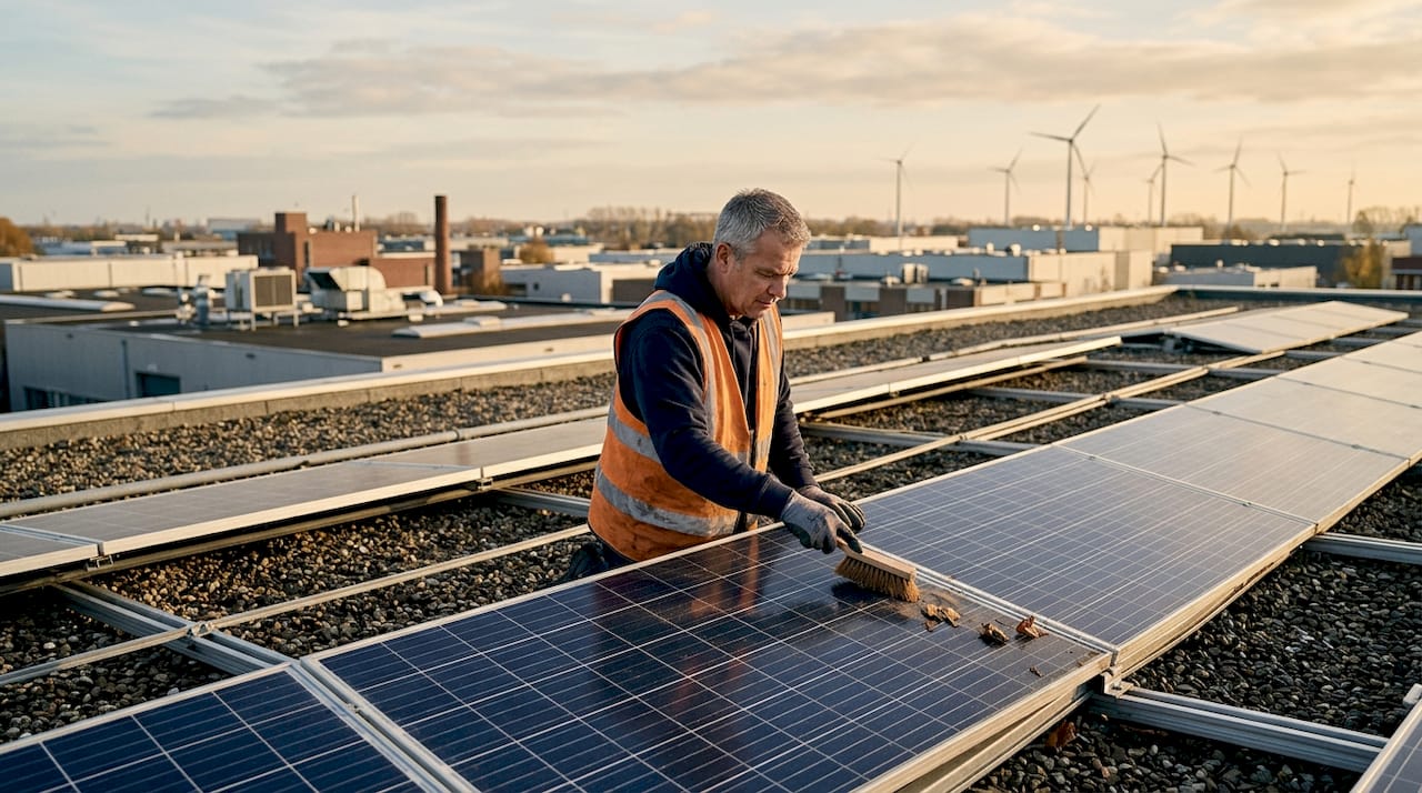Een technicus inspecteert de zonnepanelen op het dak van een fabriek.
