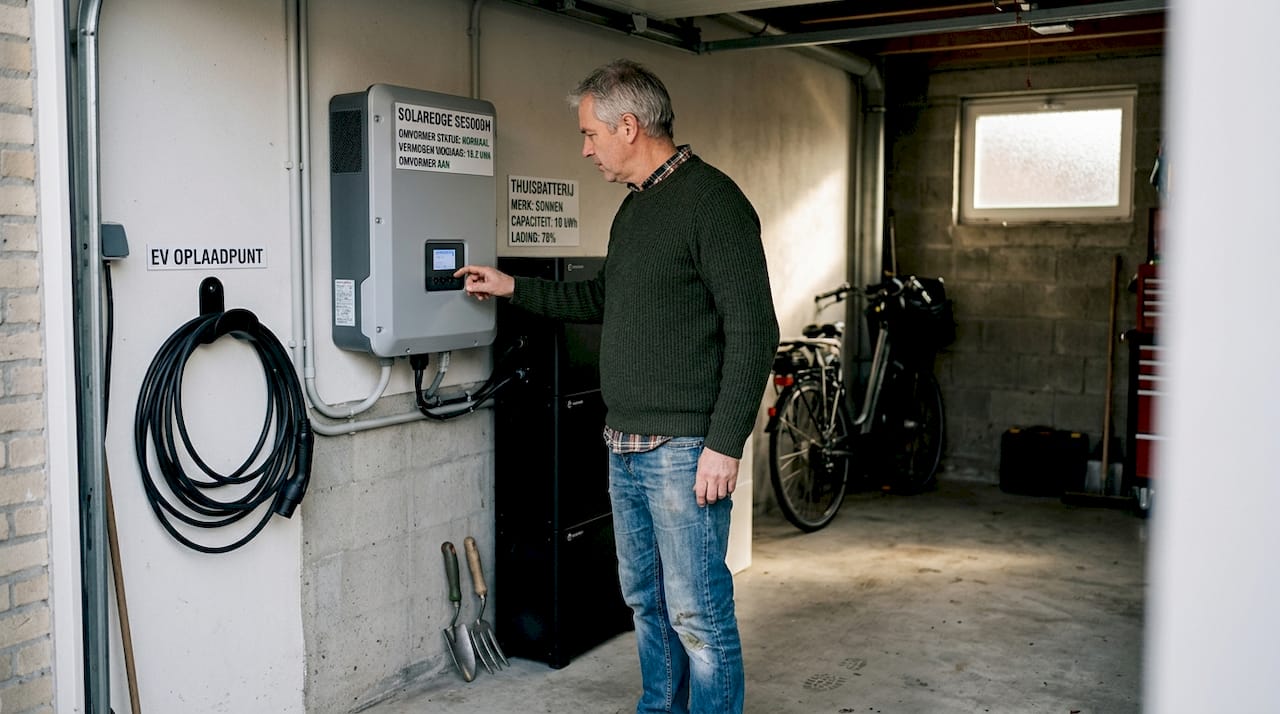 Een woningeigenaar kijkt in de garage even of de omvormer van de zonnepanelen goed werkt.
