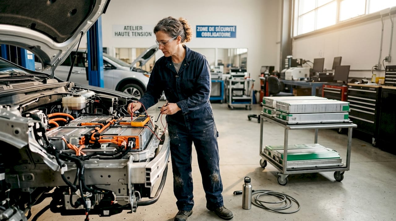 Un ingénieur procède à des tests sur la batterie à électrolyte solide d’une voiture électrique.