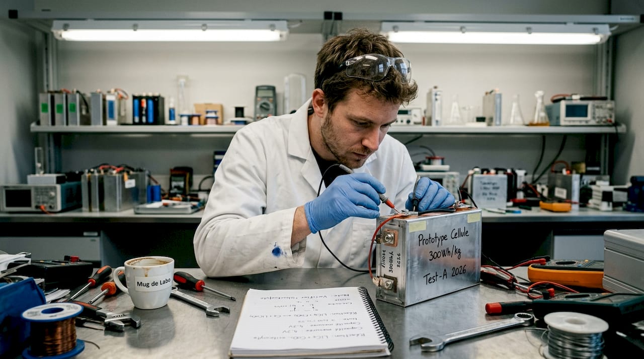 Un technicien inspecte un nouveau prototype de batterie dans un laboratoire.