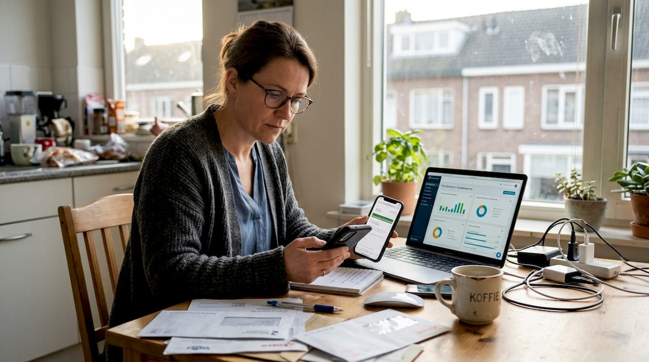 Een vrouw zit aan de keukentafel en bekijkt de resultaten van haar energiecheck.