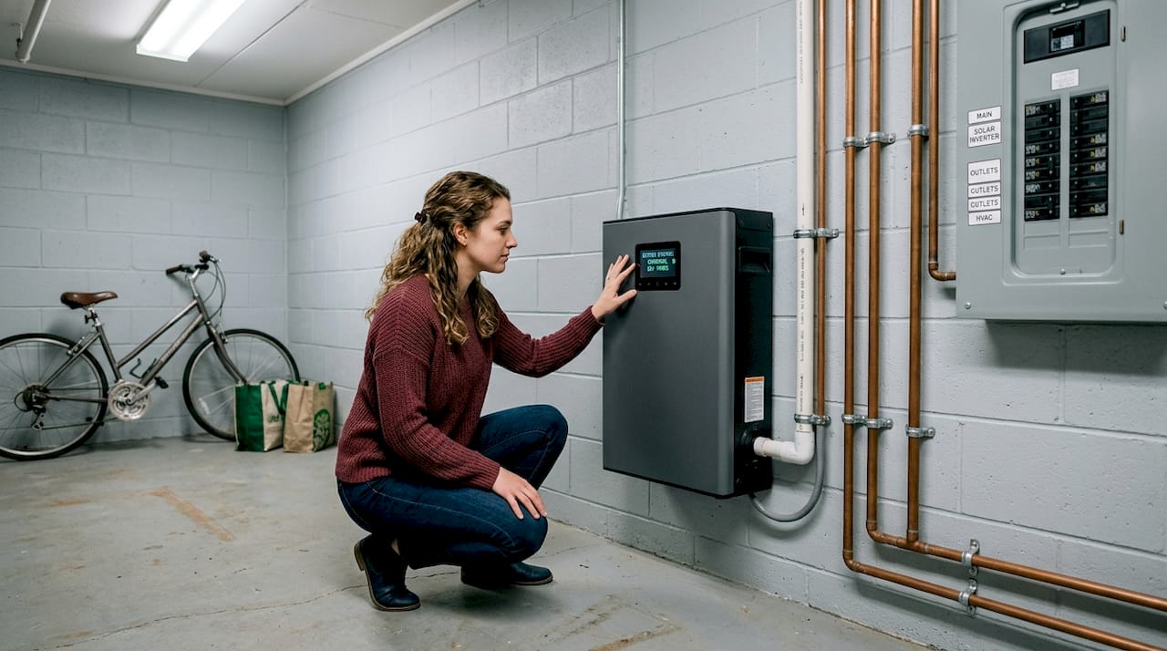 Homeowner inspecting battery storage system