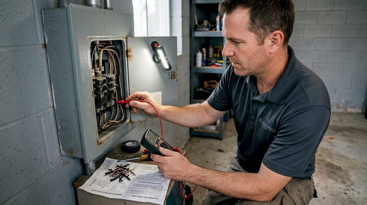 Un électricien procède à un contrôle du tableau électrique pour s’assurer que l’installation est conforme et fonctionne correctement.