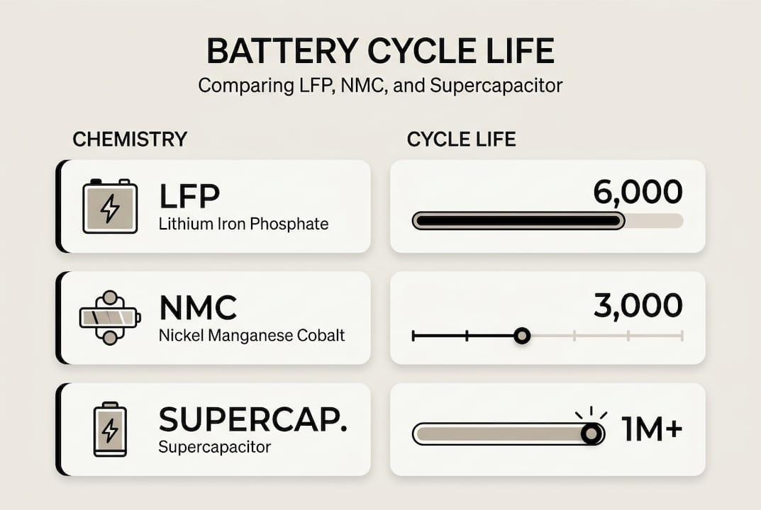 Infographic comparing cycle life of battery chemistries