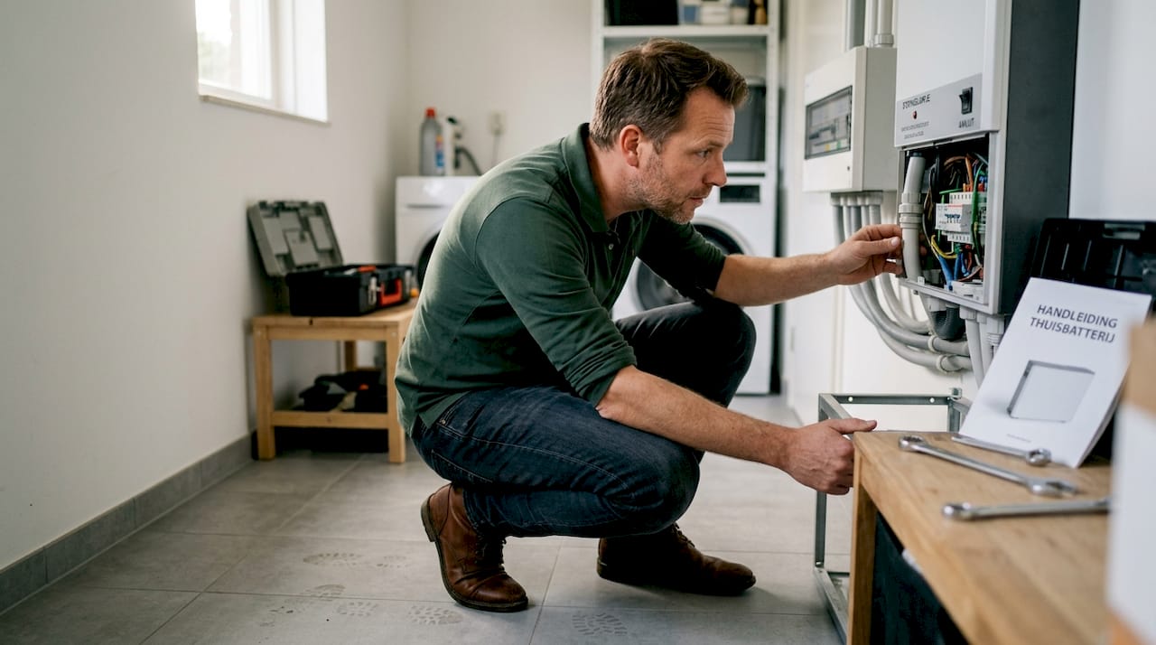 Man controleert de installatie van zijn thuisbatterij