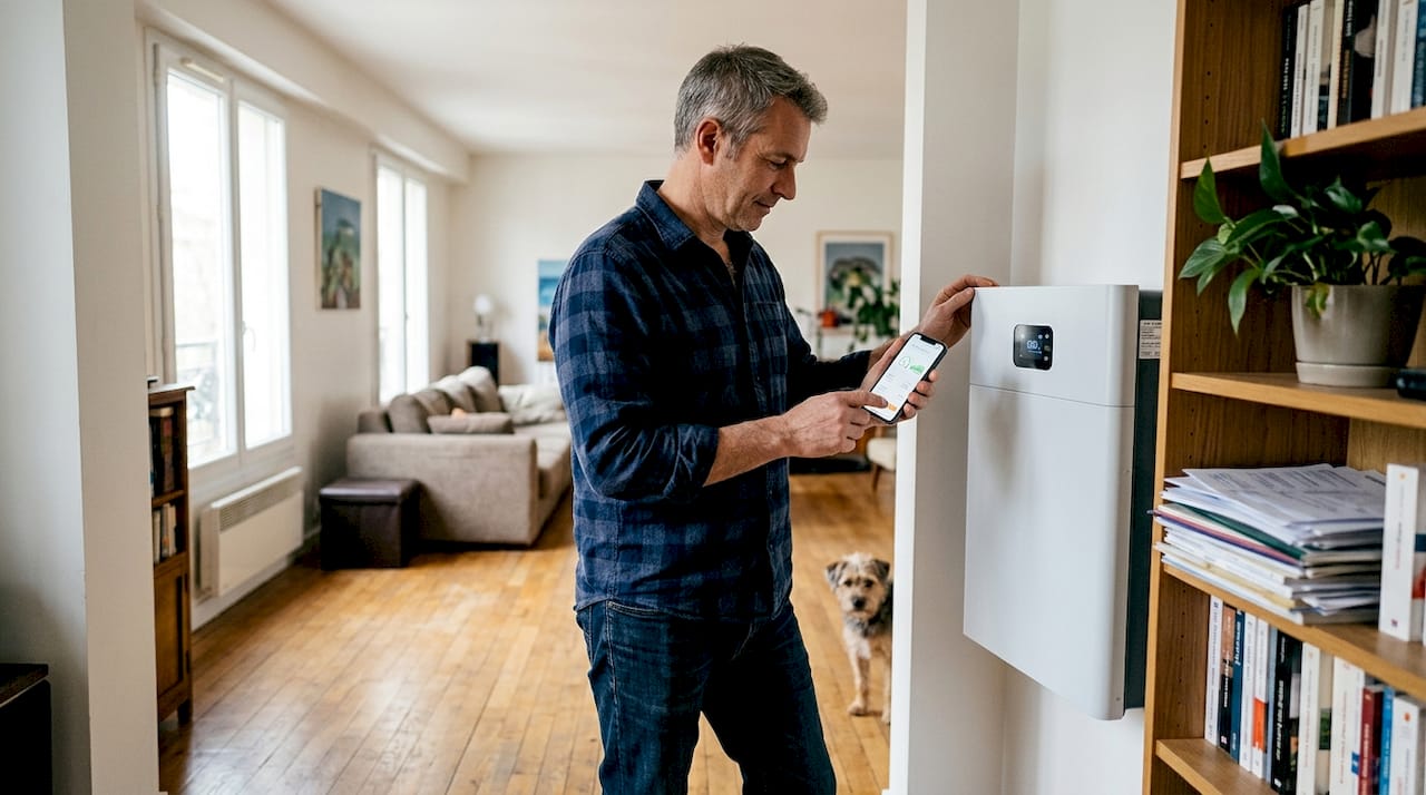 Un propriétaire vérifie le niveau de sa batterie de stockage installée dans son salon.